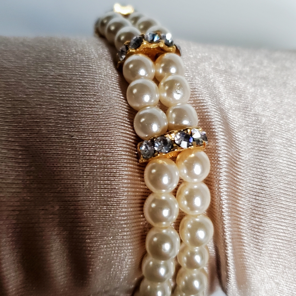 Luxurious Double Strand Faux Pearl Crystals & Gold-Tone Clasp Closure Bracelet